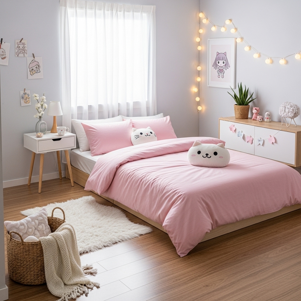 Cute Japanese bedroom with pastel pink bedding.