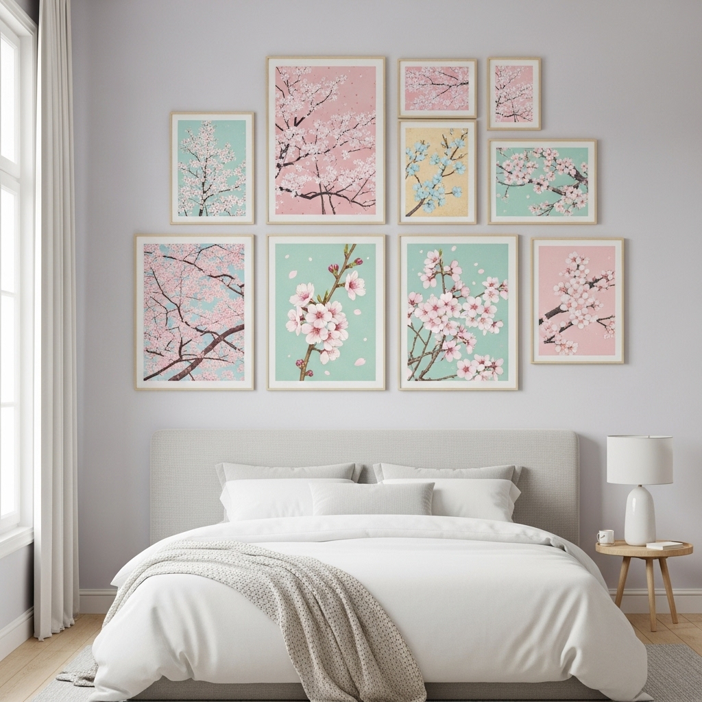 Pastel Japanese wall art in a cute bedroom.
