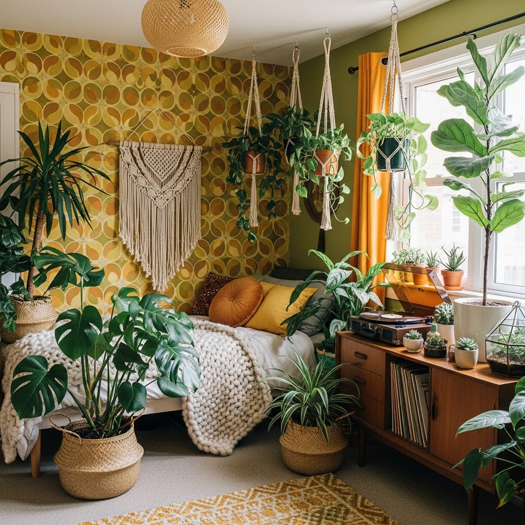 indoor plants retro 1970s bedroom