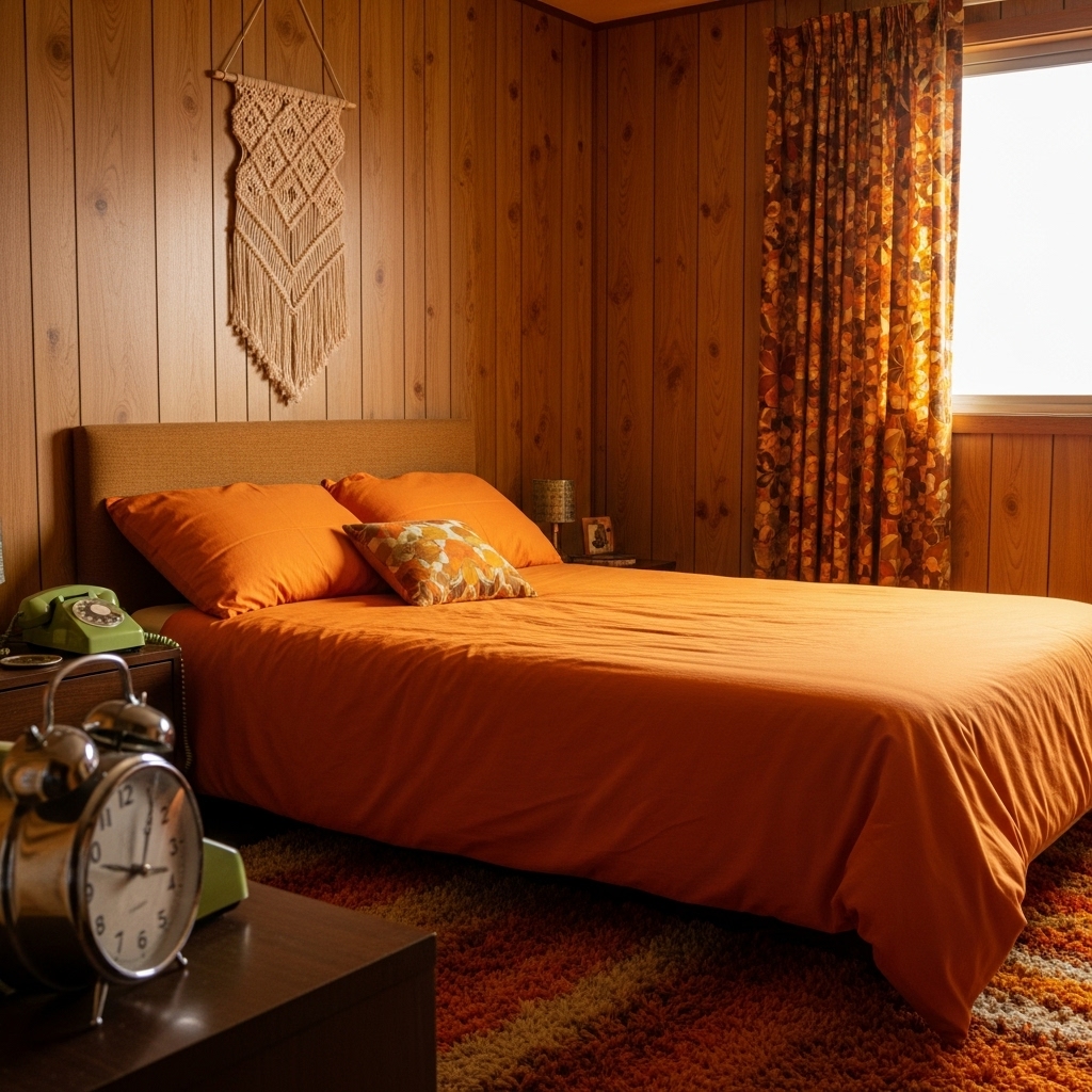 70s bedroom with orange bedding