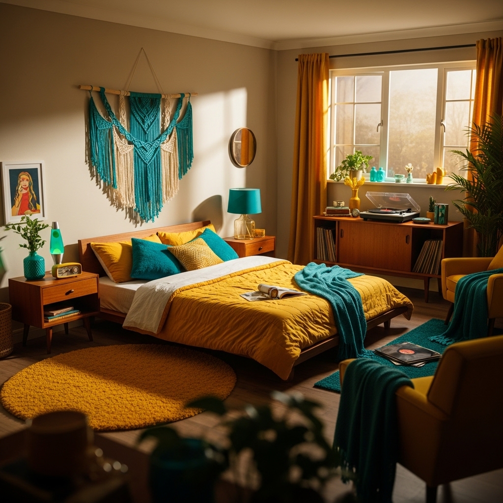 retro 70s bedroom with teal accents