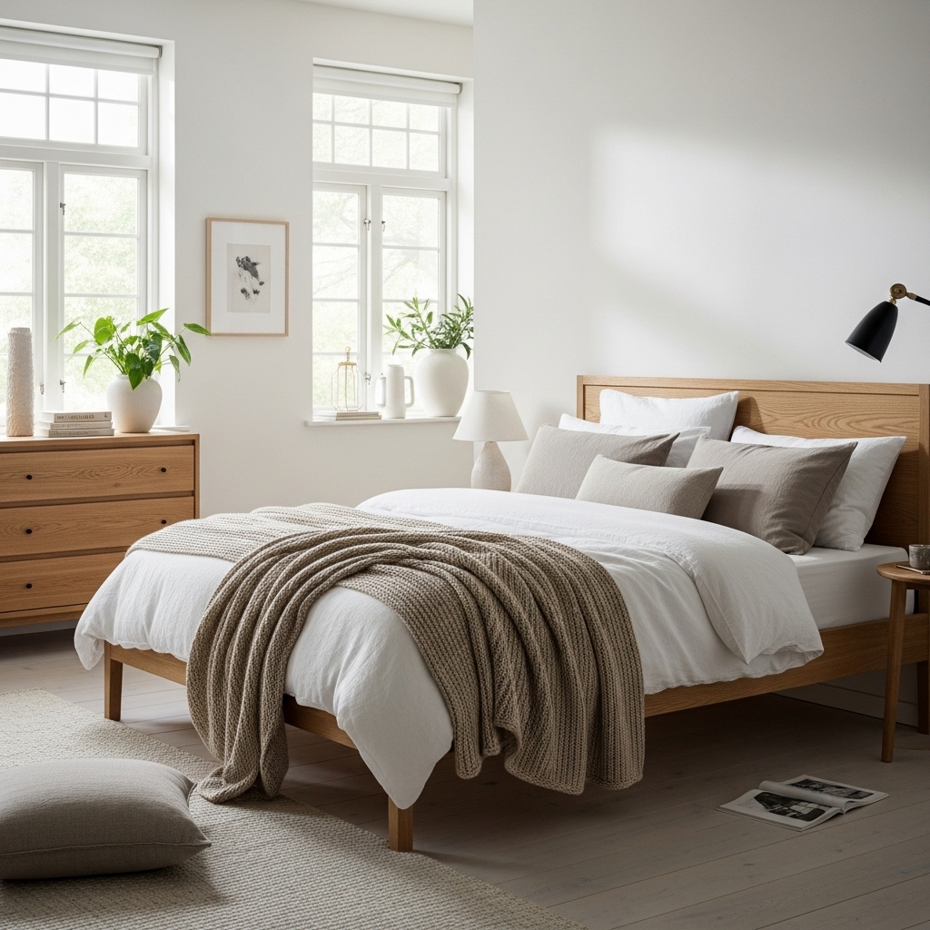 Minimalist Scandinavian bedroom with light wood furniture, neutral colors, and cozy Nordic textiles.