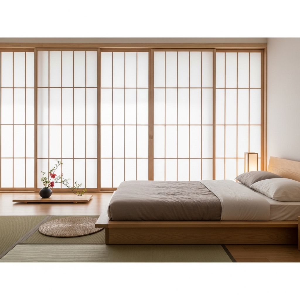 Shoji sliding doors in a Japanese themed bedroom.