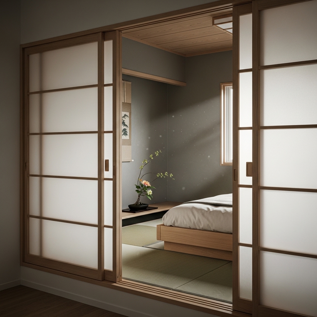 Sliding shoji doors in a small Japanese bedroom.