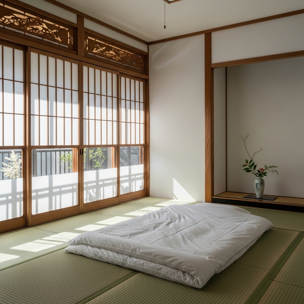 Shoji sliding doors in a Japanese-style Zen bedroom.