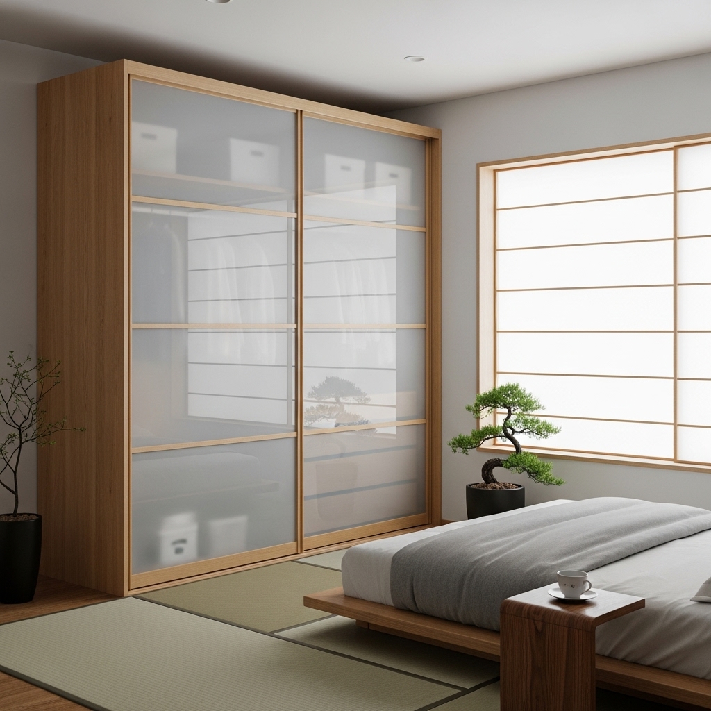 Shoji-style sliding wardrobe in a modern Japanese bedroom.