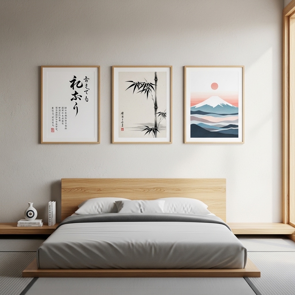 Minimalist Japanese bedroom wall with simple art prints and wooden frames showcasing traditional Japanese aesthetics.