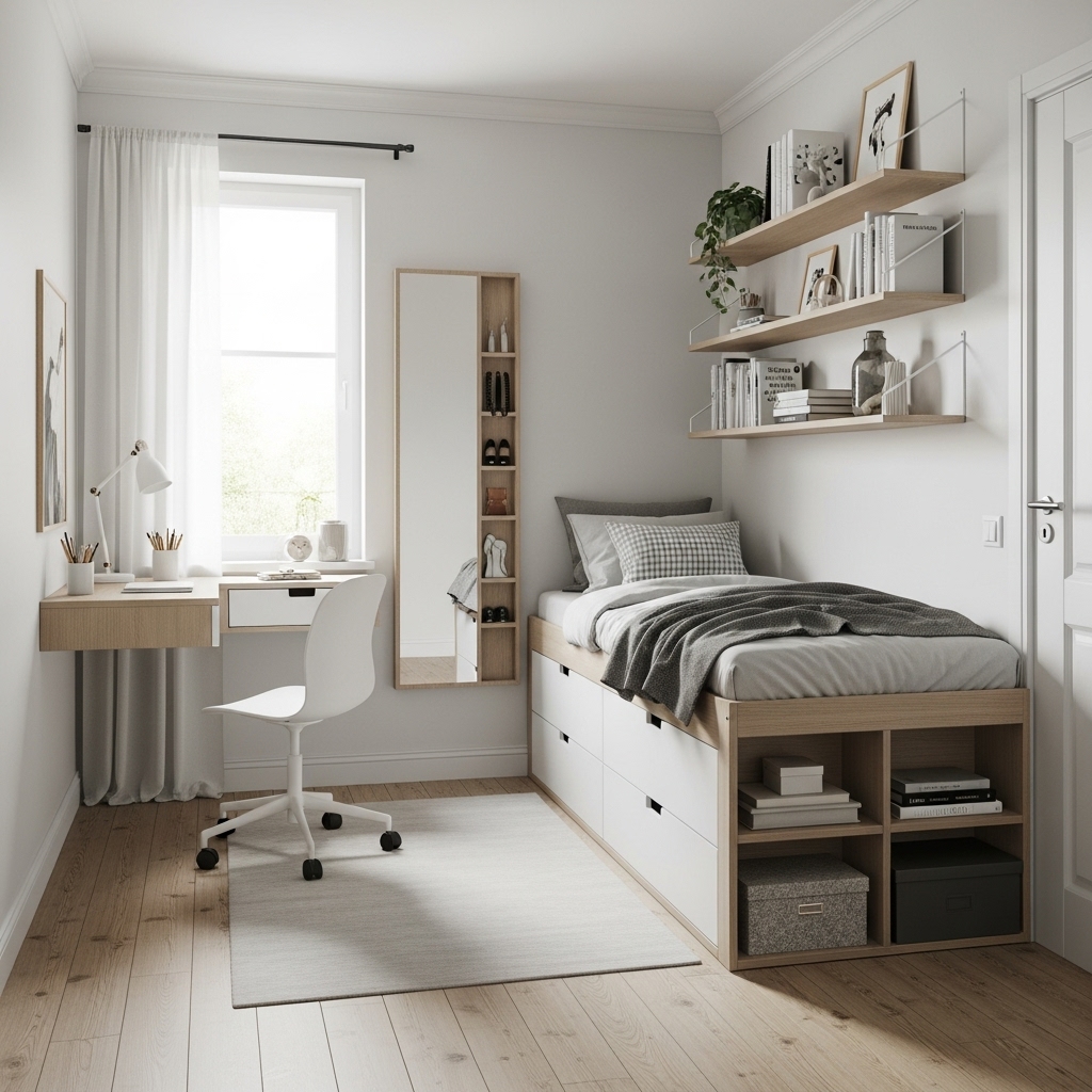 Small bedroom layout with efficient storage and bright colors.