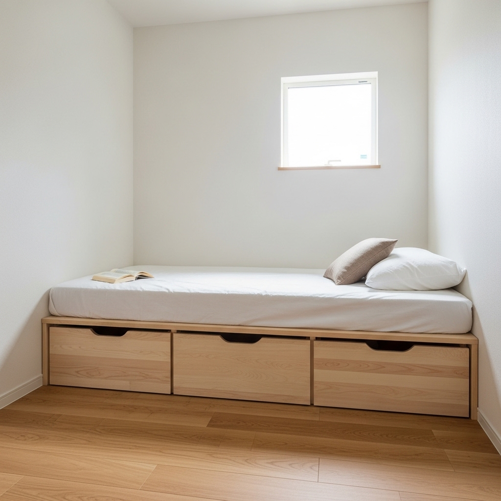 Storage ideas in a small Japanese bedroom.