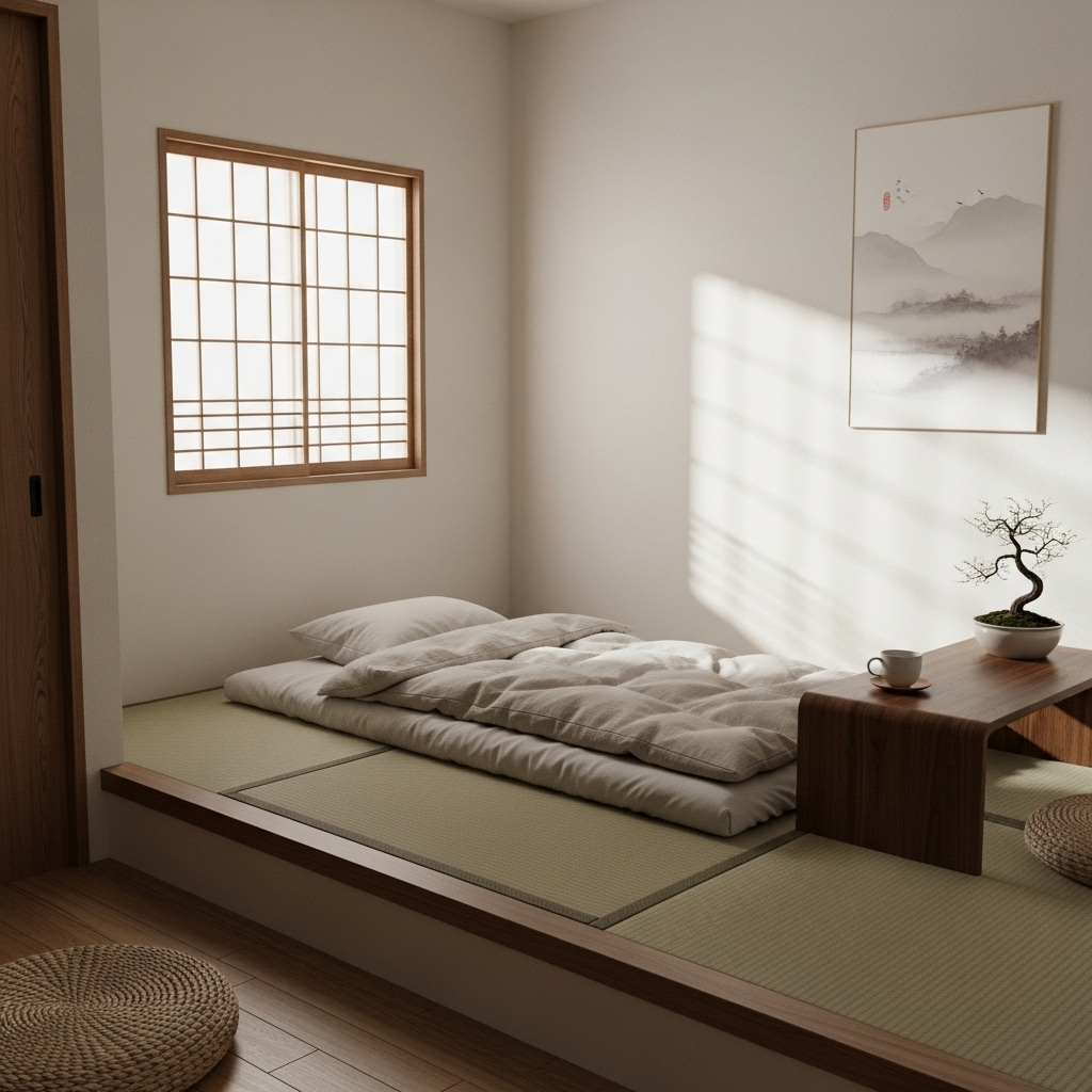 Tatami mat inside a Japanese small bedroom.