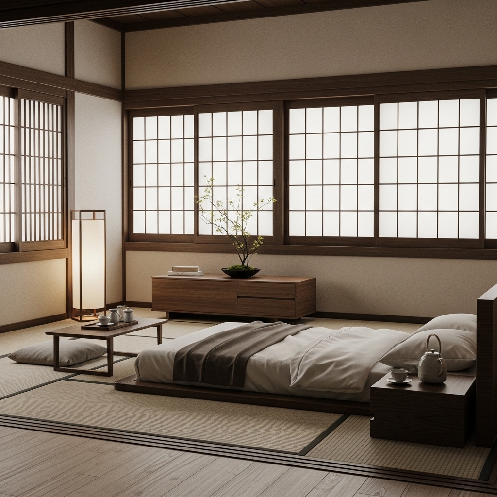 Tatami mat in a Japanese themed bedroom.