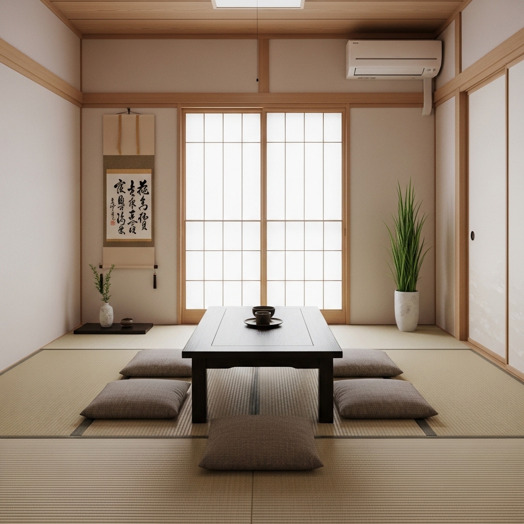 Japanese bedroom with tatami mats and floor seating showing a traditional minimalist interior style.