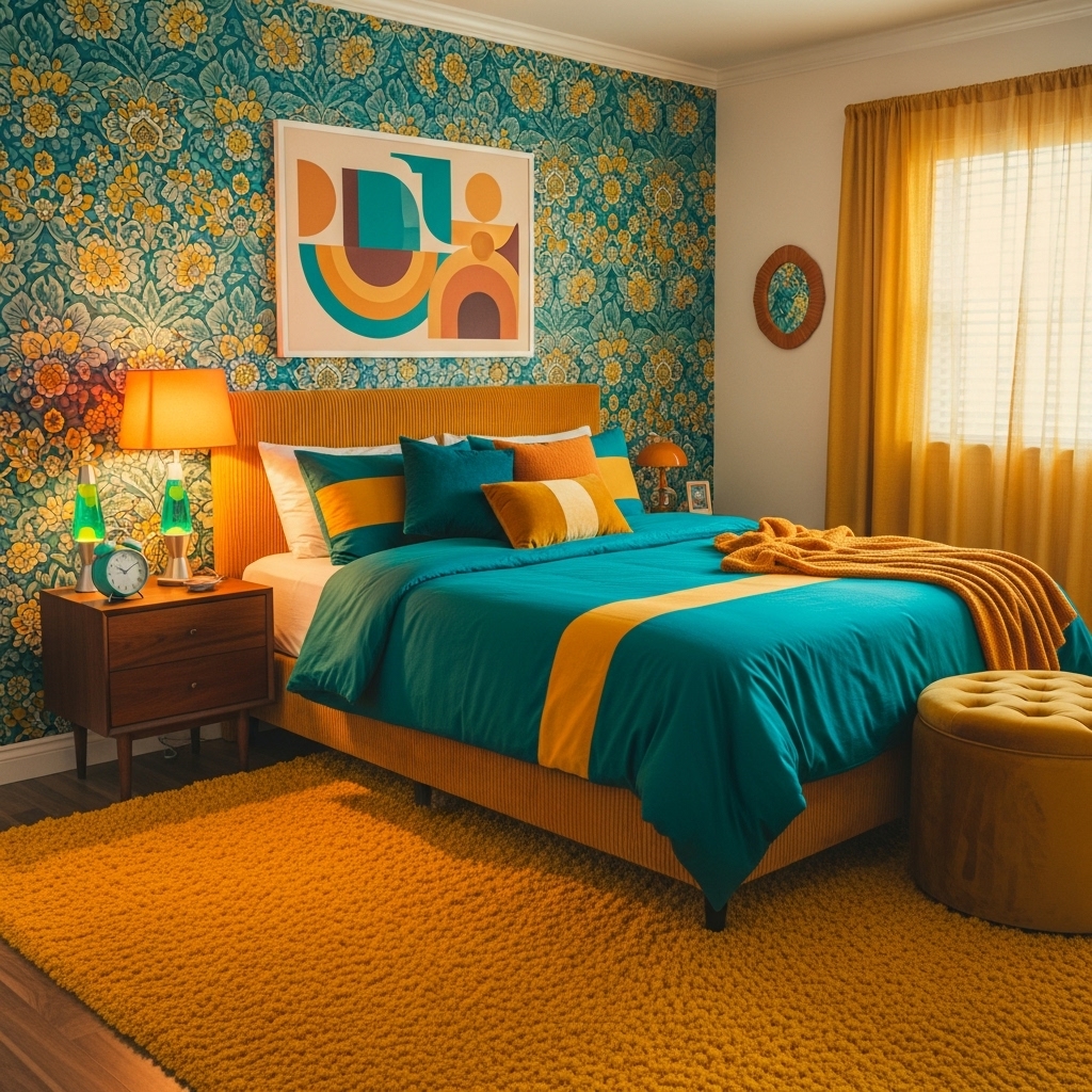 retro teal mustard 70s bedroom