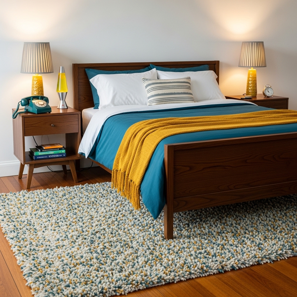 teal and mustard 70s bedroom inspiration
