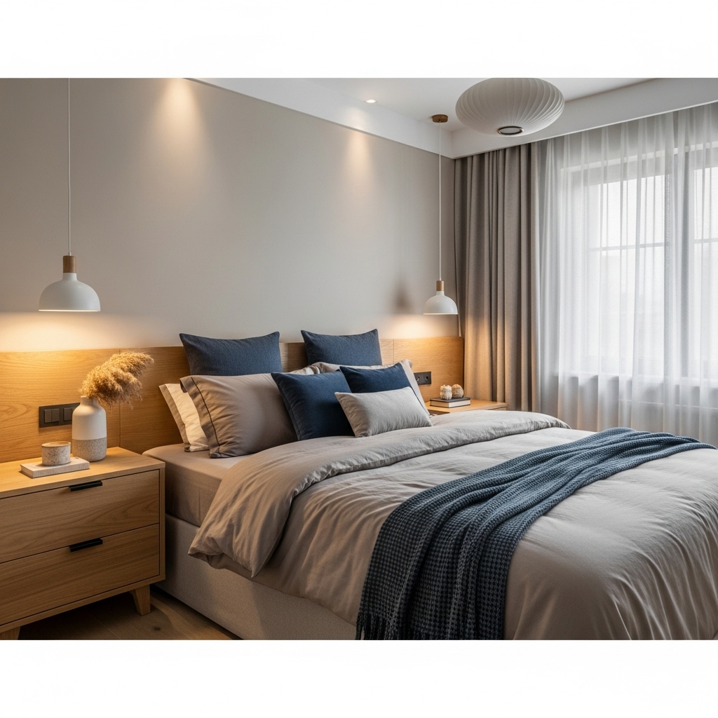 "American modern bedroom with 2025 color trends using greige walls, taupe bedding, and navy accents."