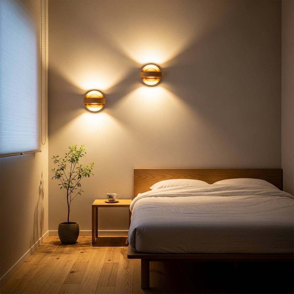 Wall-mounted lighting in a Japanese small bedroom.