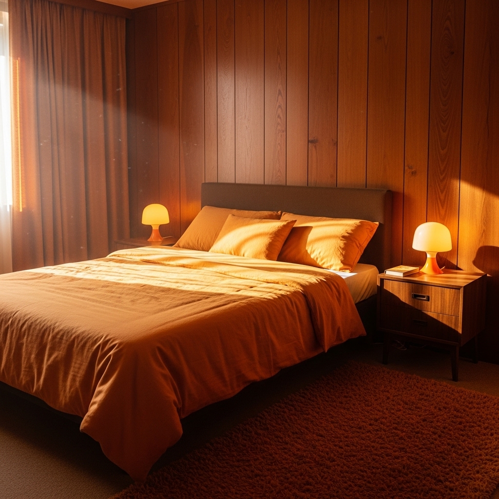 warm 70s bedroom inspiration orange bedding