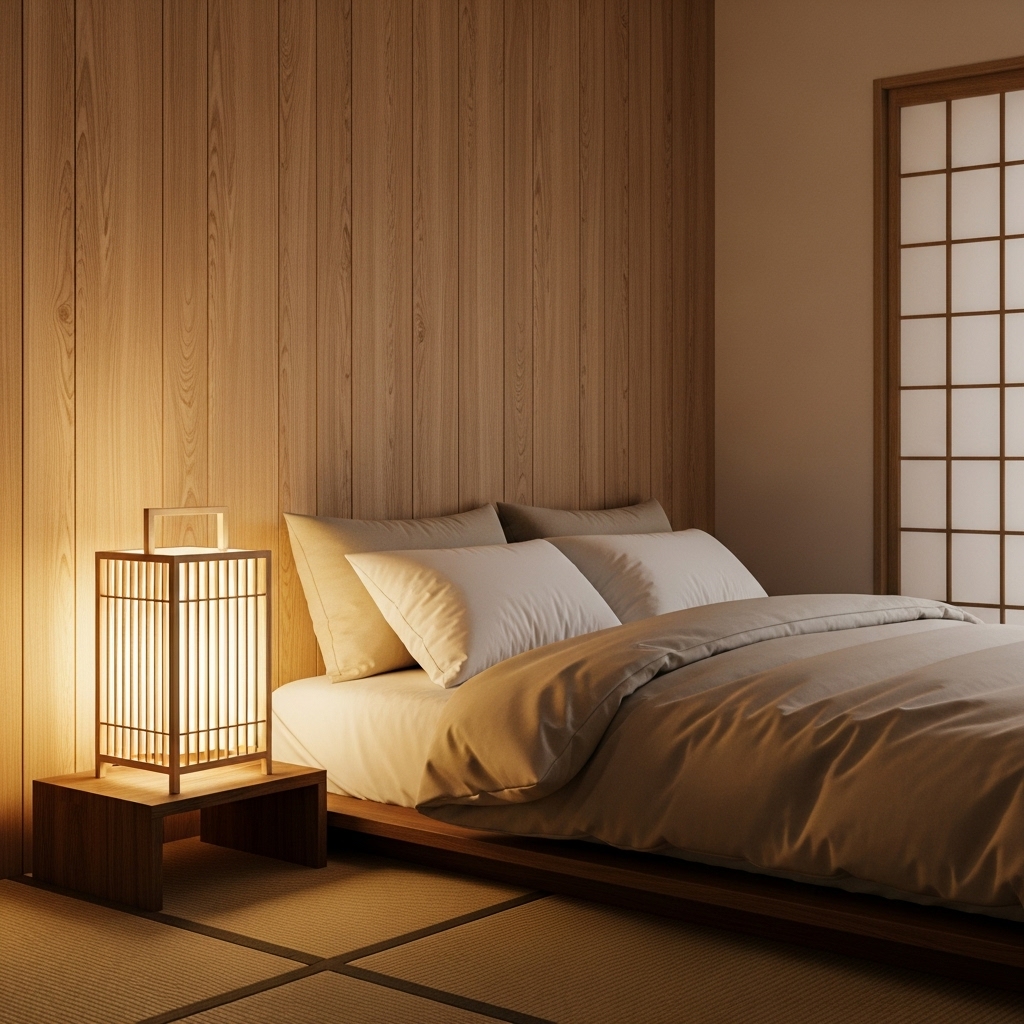 Warm lighting in a Japanese themed bedroom.