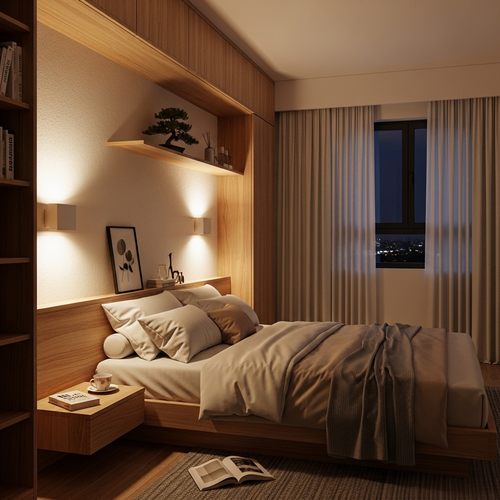 Warm lighting in a modern Japanese bedroom with wooden accents.