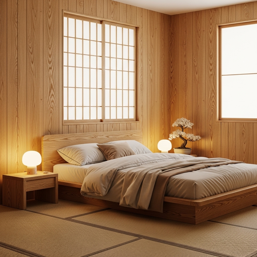 Natural wood accents in a Japanese themed bedroom.