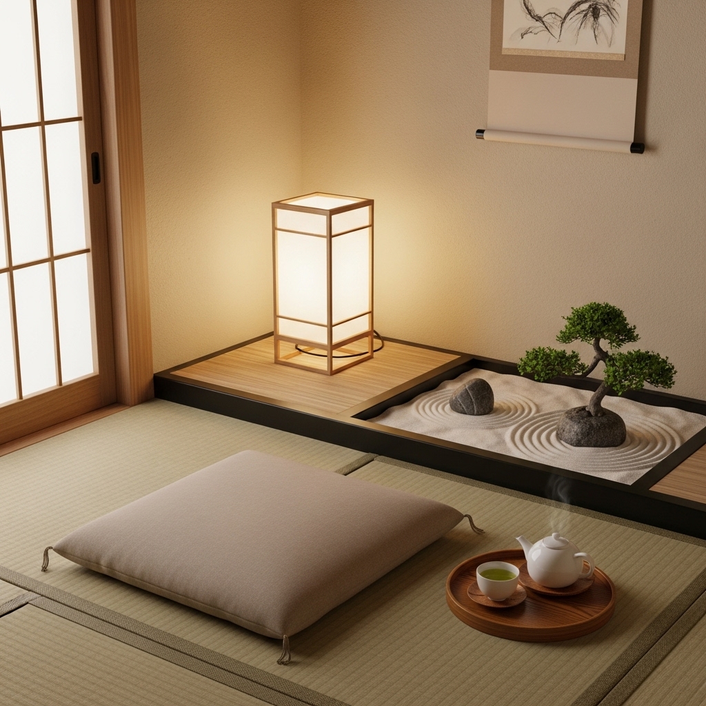 Zen corner setup in a Japanese small bedroom.