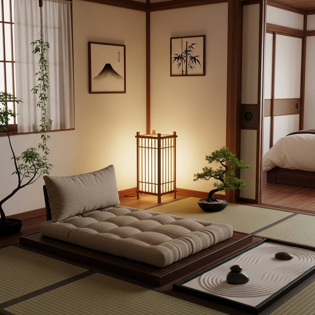 Zen meditation corner in a Japanese themed bedroom.