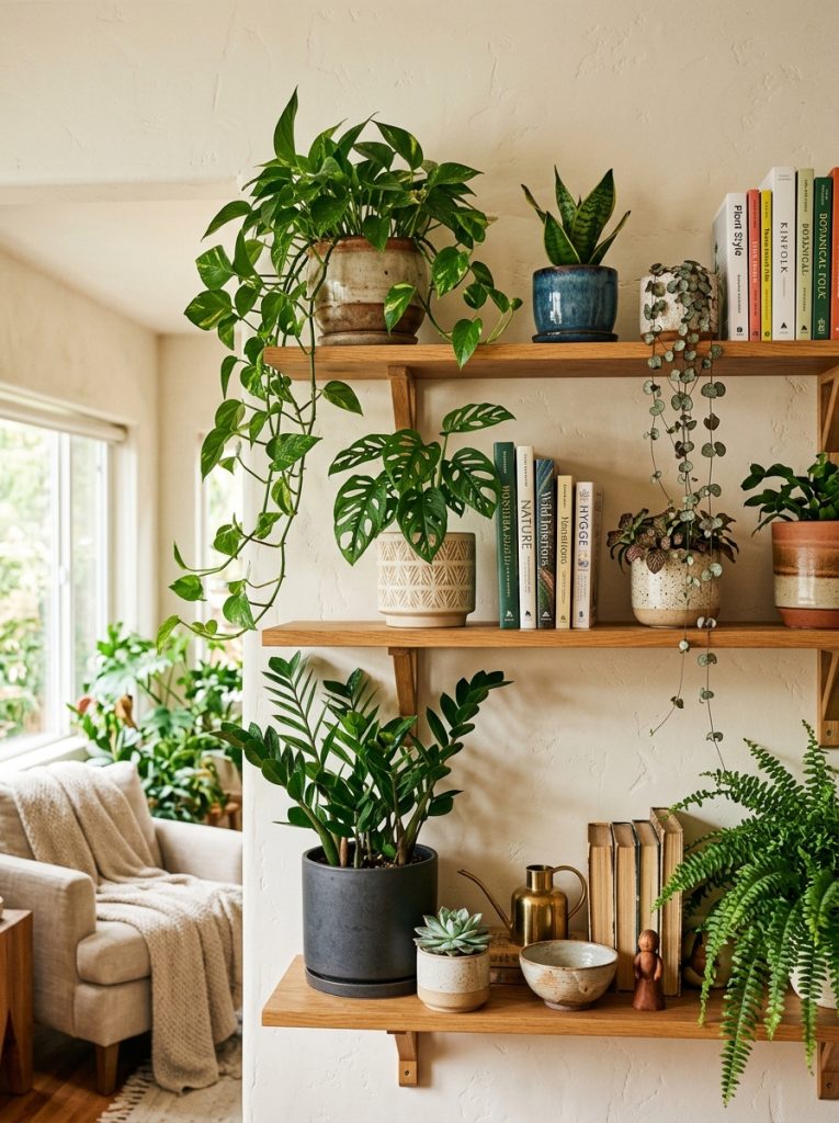Indoor living room shelf styled with plants in ceramic pots at different heights mixed with books and decorative items in warm natural light