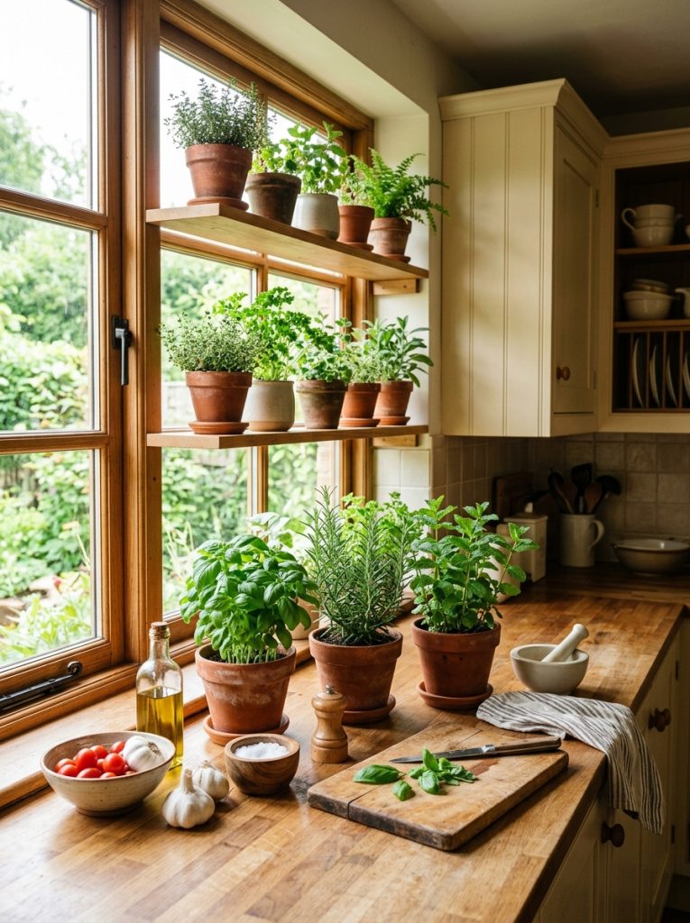 Kitchen with small potted herbs on open shelves and counter terracotta pots with basil rosemary and mint near window in bright natural light