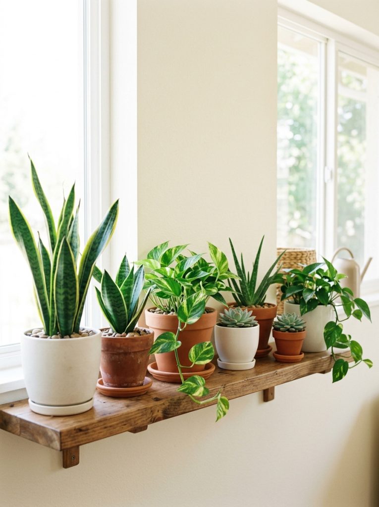 Low maintenance indoor garden with snake plants succulents and pothos in white and terracotta pots on wooden shelf with bright natural light
