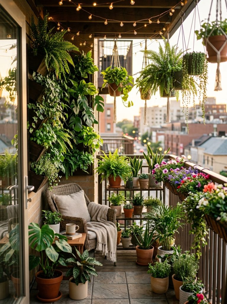 A beautiful small apartment balcony fully transformed into a lush green garden — vertical wall planter on one wall hanging planters on railing tiered plant stand with multiple plants railing planter boxes with colorful flowers and fairy lights overhead, warm natural golden light, lush and inviting garden retreat aesthetic, realistic photography style, no text, vertical portrait format