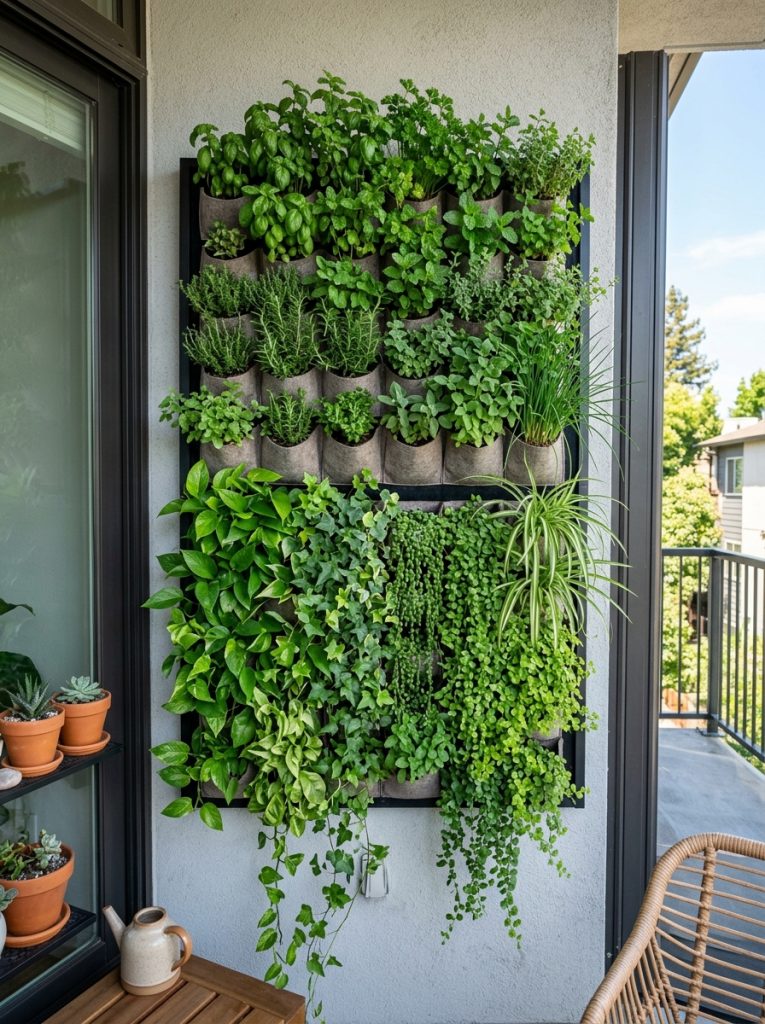 Vertical wall garden mounted on apartment wall with multiple pockets filled with lush green herbs and trailing plants