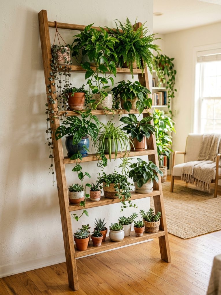 Wooden ladder plant stand leaning against white living room wall with plants on each rung trailing plants cascading between levels in warm natural light