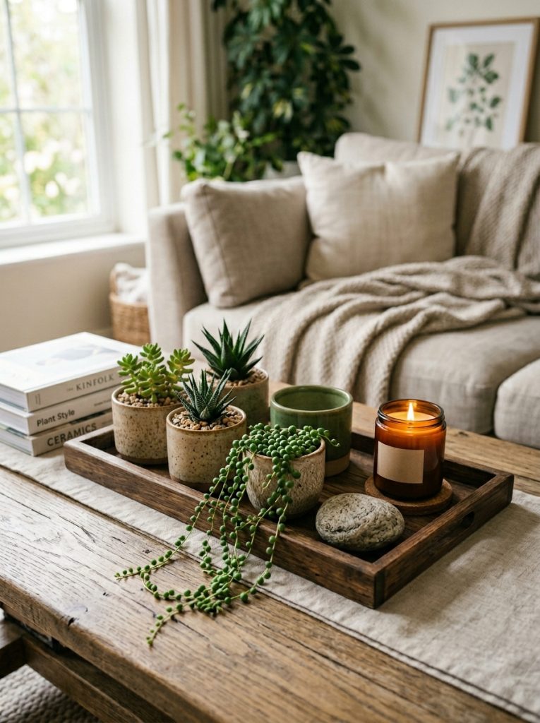 Coffee table with small tabletop garden arrangement of succulent pots trailing plant decorative stone and candle on wooden tray