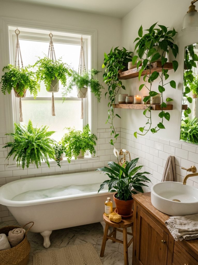 Beautifully styled bathroom with pothos on floating shelf ferns near window and peace lily beside bathtub in soft natural light spa-like atmosphere