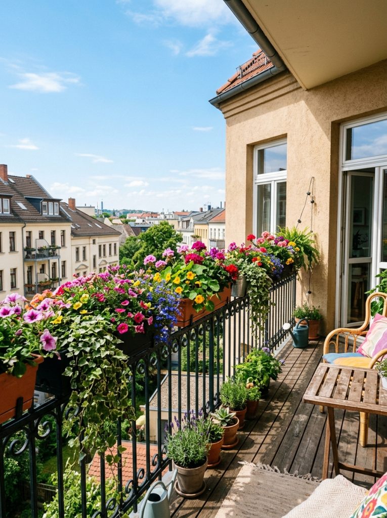 Bright apartment balcony with railing planter boxes overflowing with colorful flowers and trailing greenery against blue sky