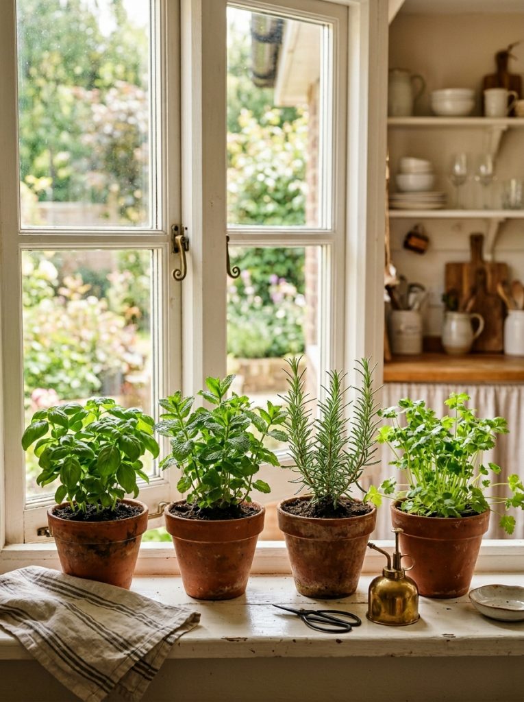 Bright kitchen window sill with small terracotta pots growing fresh basil mint rosemary and coriander in warm natural sunlight