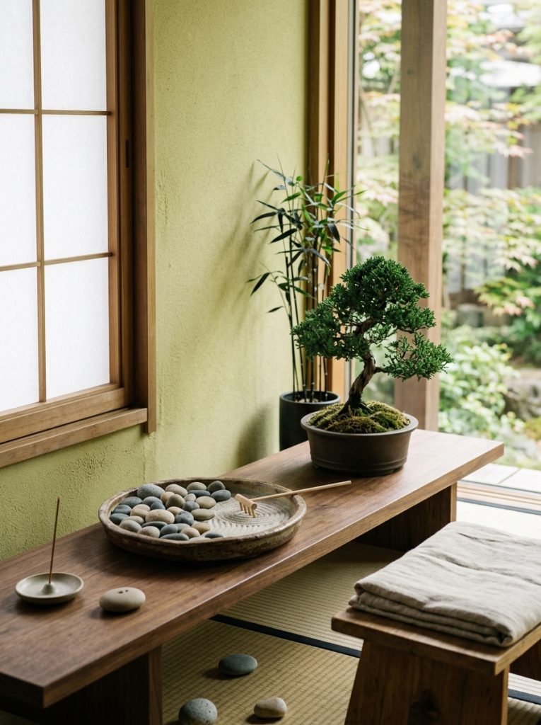 Calm zen inspired home garden corner with smooth river stones in shallow tray single bonsai in simple ceramic pot and clean minimal surfaces in soft natural light
