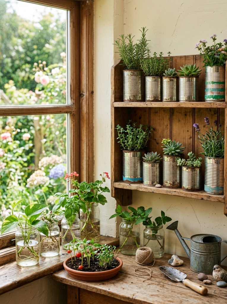 Budget friendly home garden with plant cuttings in glass jars seeds sprouting on windowsill and repurposed tin cans as planters on wooden shelf