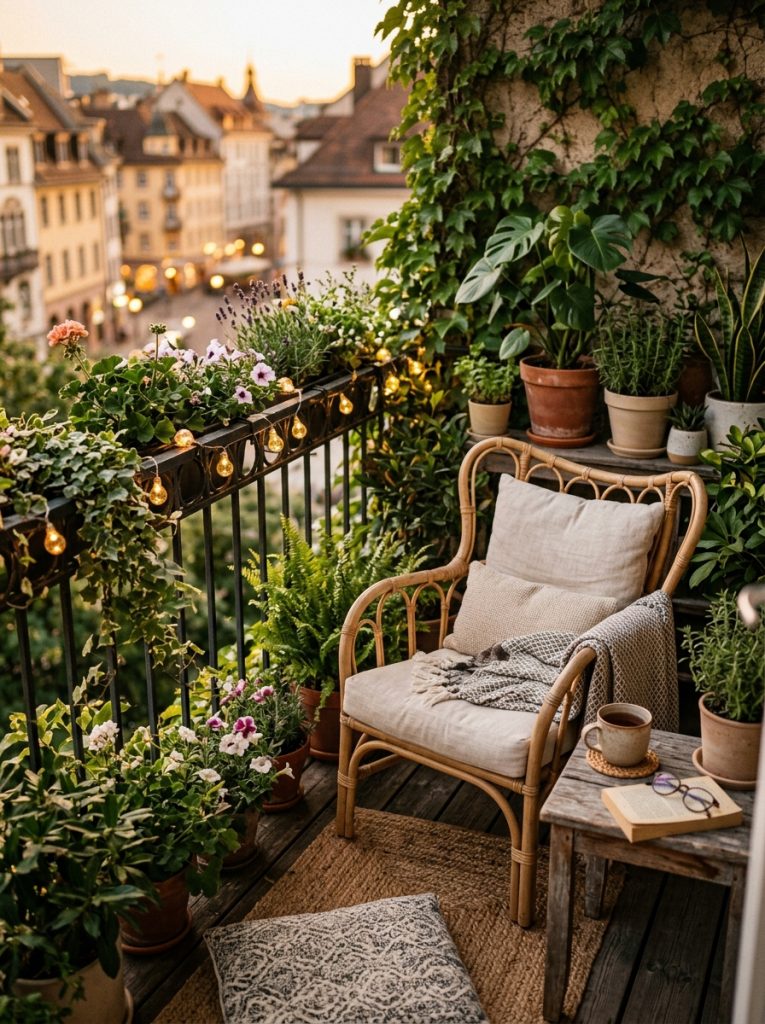 Cozy balcony garden seating with rattan chair nestled between lush plants railing planters fairy lights and small side table in warm evening light