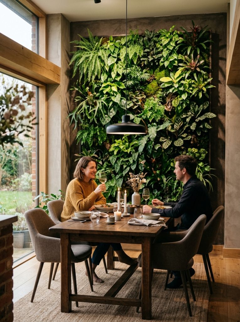 Dramatic indoor green wall accent behind sofa with large vertical wall planter creating a living wall focal point in warm natural light