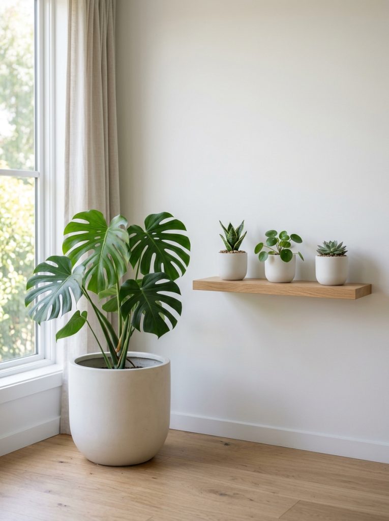 Minimal home garden with one large ceramic pot statement plant three small matching white pots on wooden shelf clean and considered aesthetic