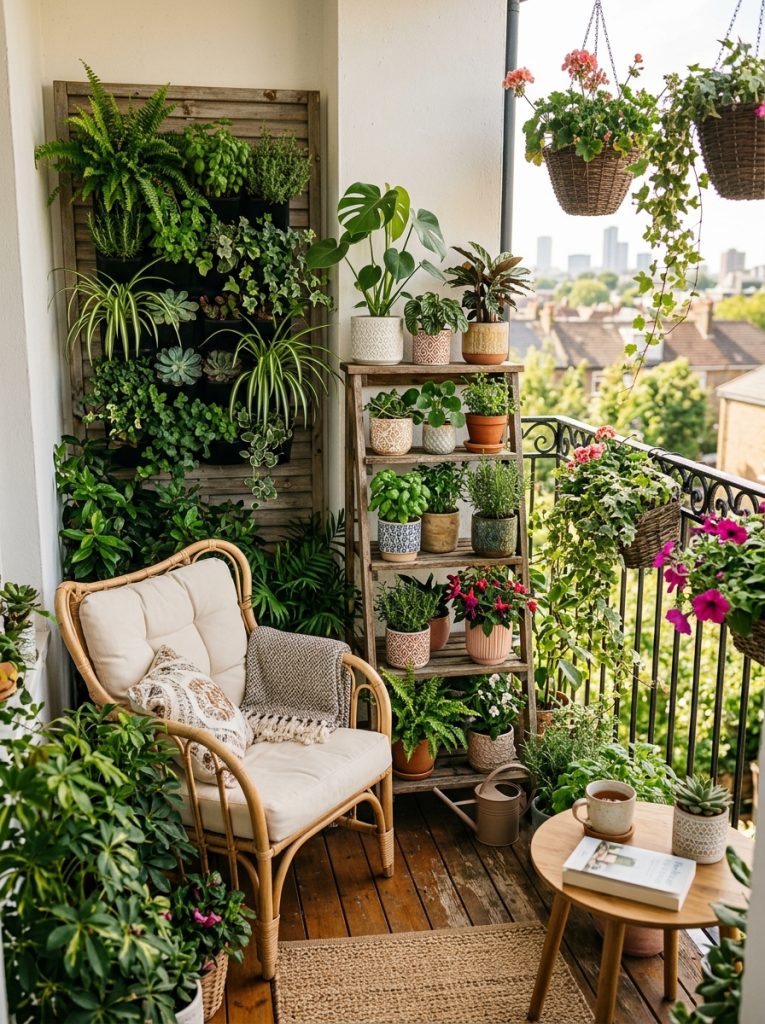Small apartment balcony corner with vertical wall planter tiered plant stand decorative pots and comfortable chair surrounded by greenery