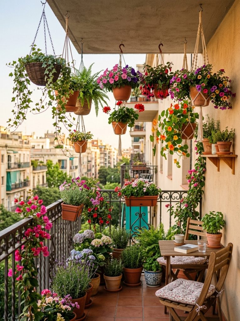 Small apartment balcony with hanging planters suspended from ceiling holding trailing plants and flowers at different heights