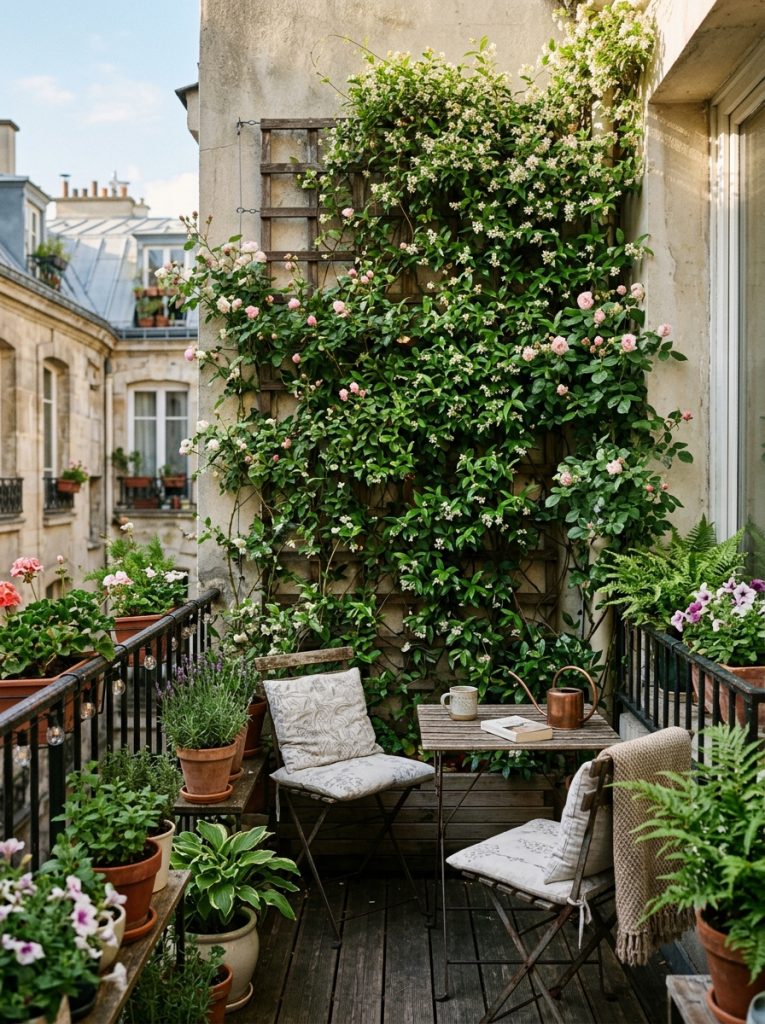 Small apartment balcony with trellis support system and climbing plants jasmine or roses growing upward creating a green living wall