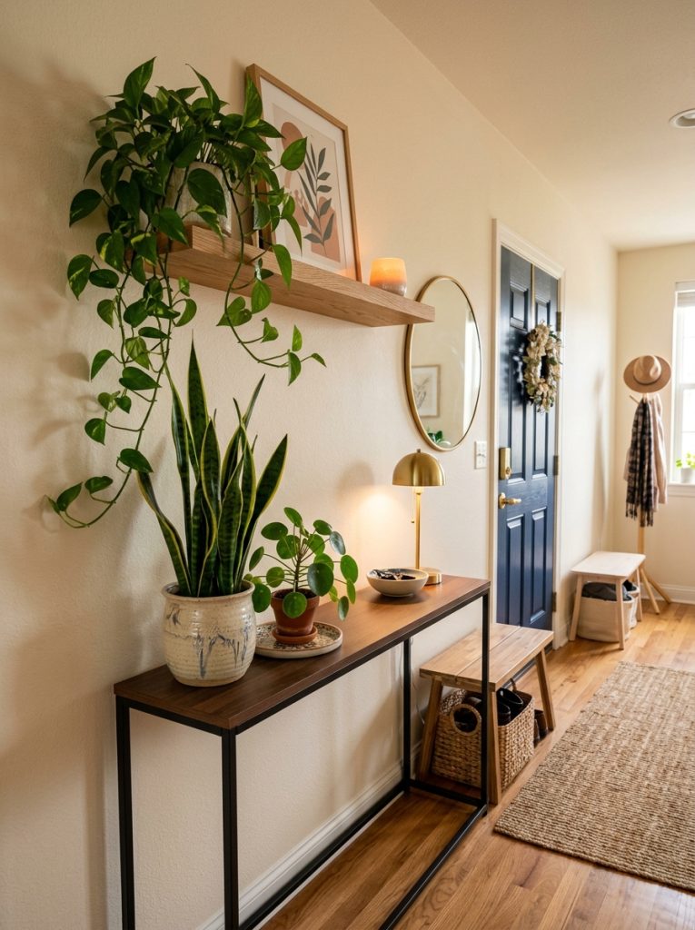Stylish apartment entryway with slim console table holding tall architectural plant decorative pot small plant and trailing shelf plant in warm soft lighting