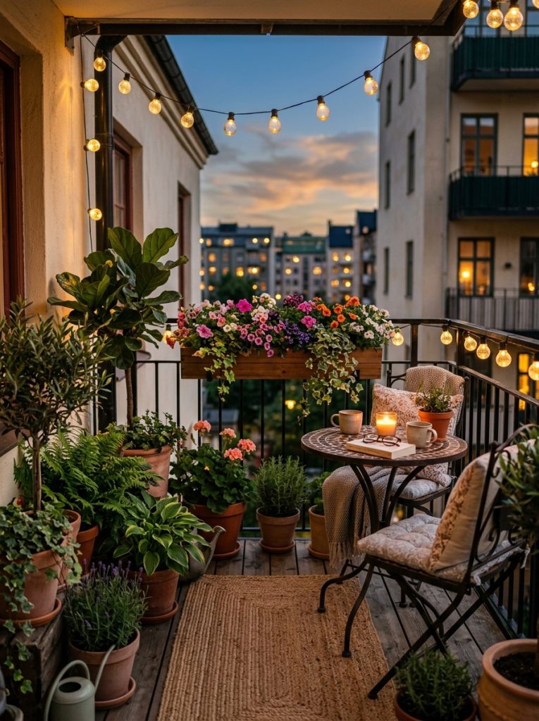 Tiny apartment patio with floor pots bistro table surrounded by greenery railing planters with flowers and string lights in warm evening light