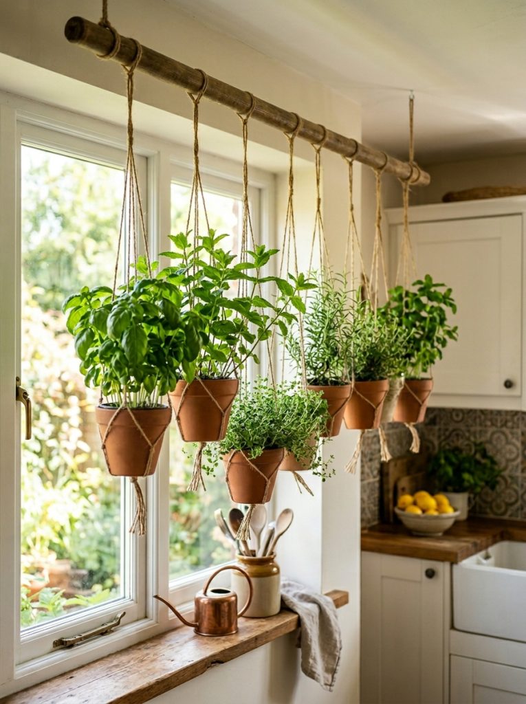 Indoor hanging herb garden mounted near kitchen window with small pots of basil mint and thyme suspended at different heights from wooden rod with twine