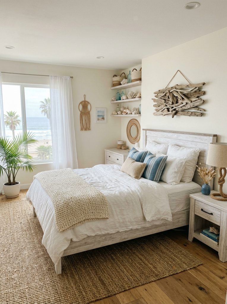 Beachy boho bedroom with whitewashed wood furniture natural rope accents shells on shelves driftwood wall art sea grass rug white linen bedding ocean blue sand tones breezy coastal