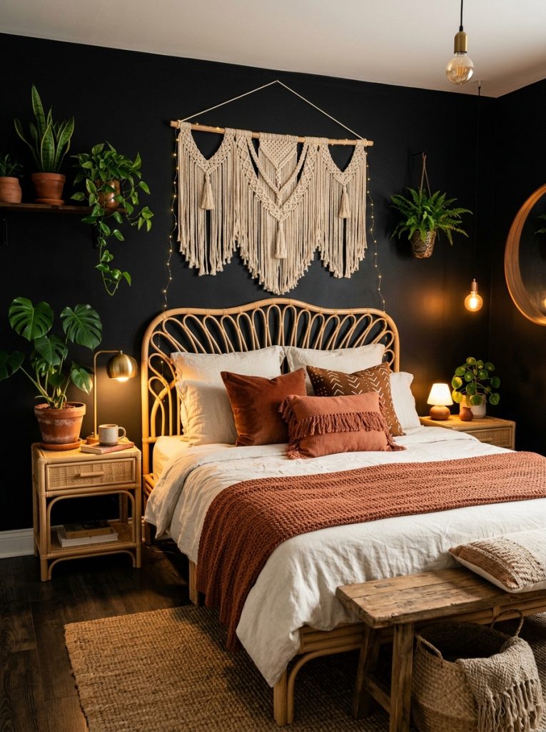  Black boho bedroom with matte black walls warm natural wood rattan furniture cream and terracotta textiles macrame in natural cream plants adding green dramatic contrast