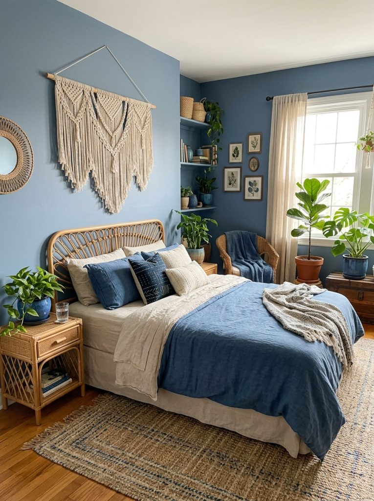 Blue boho bedroom with soft indigo dusty blue walls cream and blue linen bedding macrame rattan furniture vintage blue ceramic plant pots woven rug calm serene atmosphere